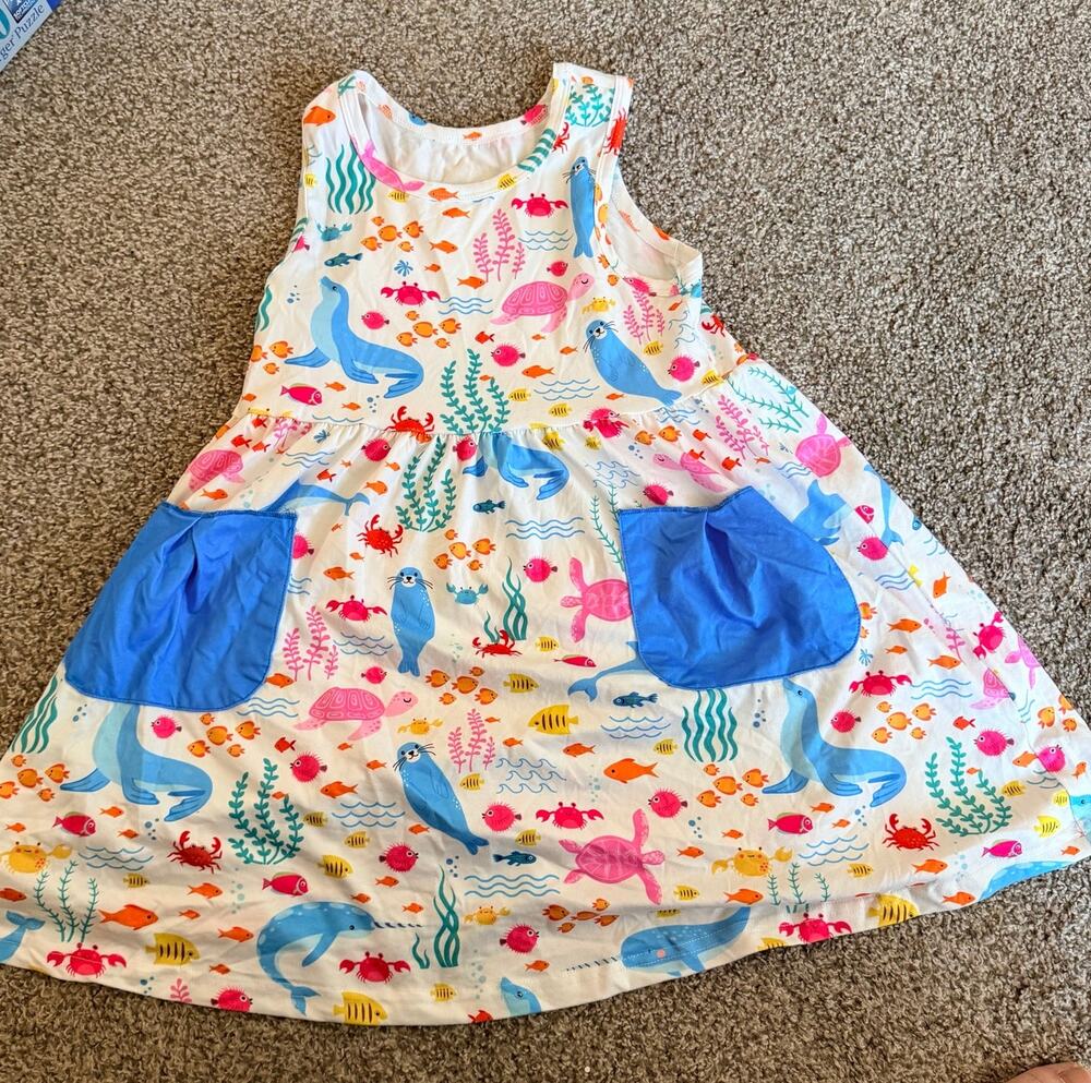 Kimoda Girls Dress Ocean Sea Animals Toddler Summer Sleeveless Dress 6T